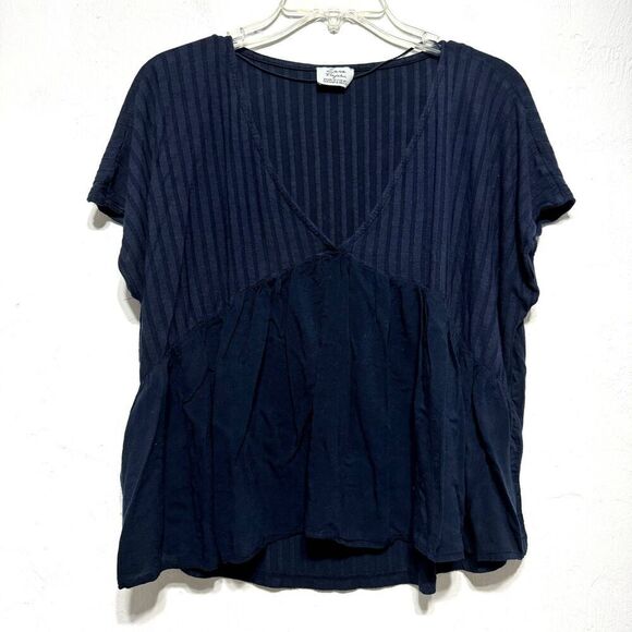 Zara Trafaluc Blouse V-Neck Pullover Navy Blue Top Boxy Oversized Women sz Small - Picture 1 of 6